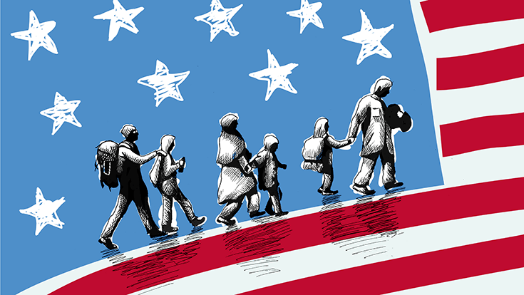 A drawing of people walking across a backdrop of the American flag