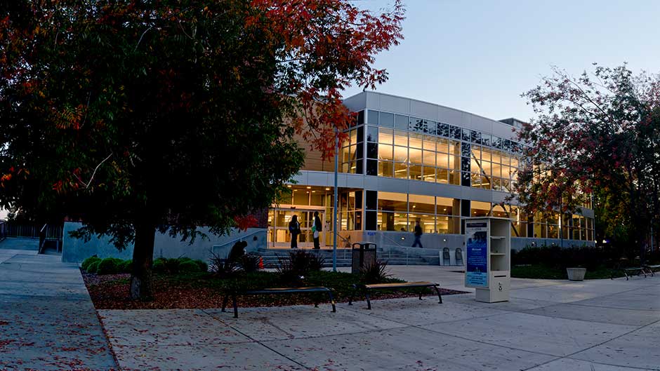 Exterior of American River College's library at dusk